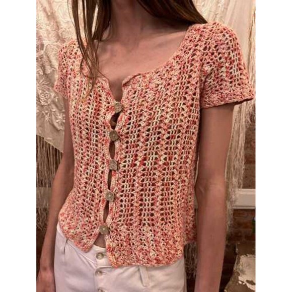 J H Collectibles VTG Boho Crochet Sweater Top Open Knit Short Sleeve Top Sz L - Picture 1 of 7